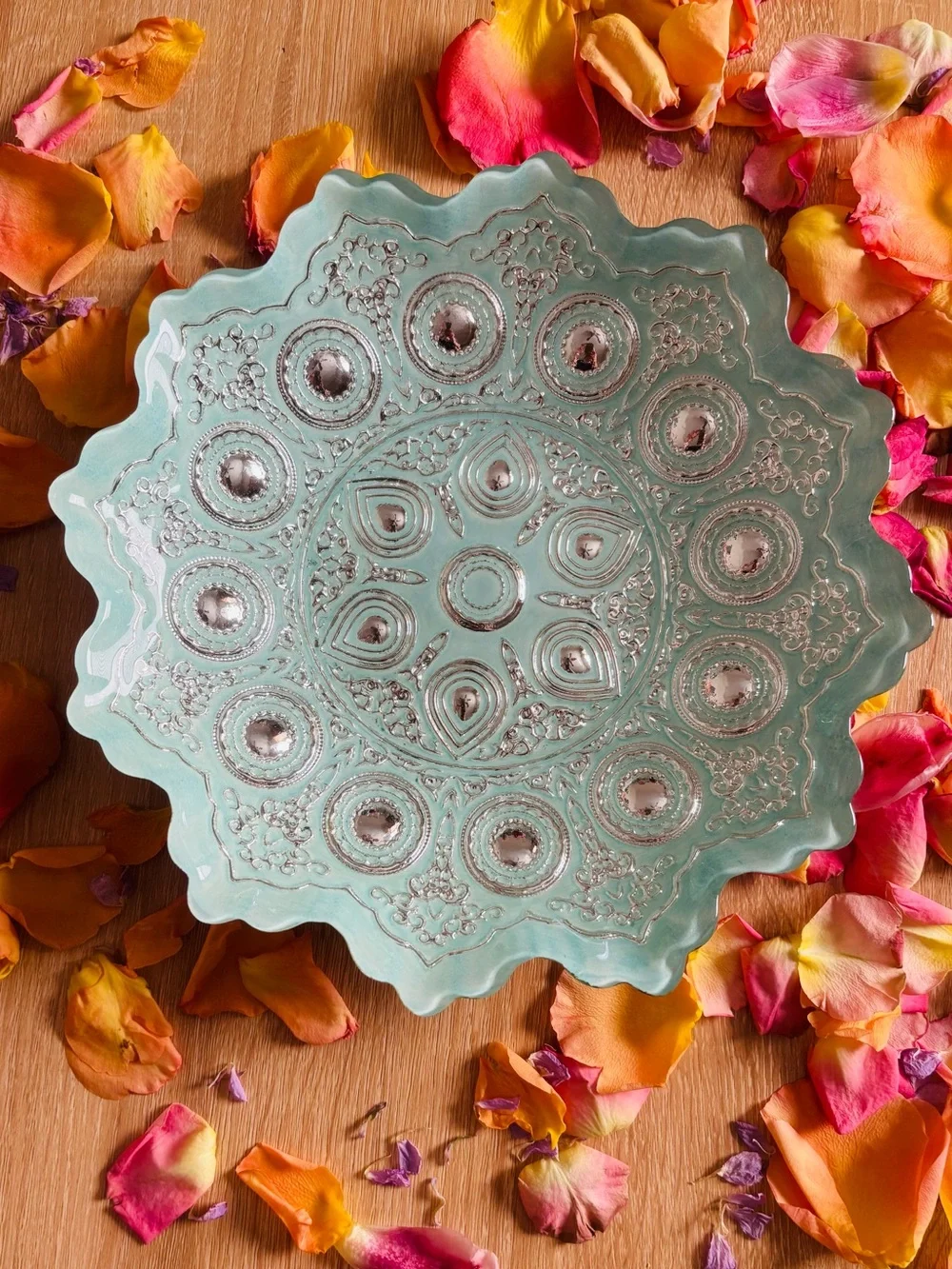 Mandala Style Glass celebration Bowl Boho ocean blue seafoam & Gold